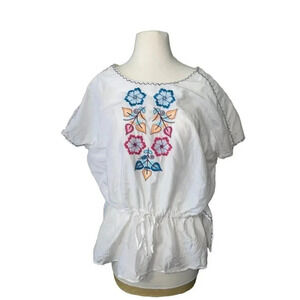 Embroidered Floral Peasant Blouse Top NICOLE Miller Sz Large White Silk/Cotton